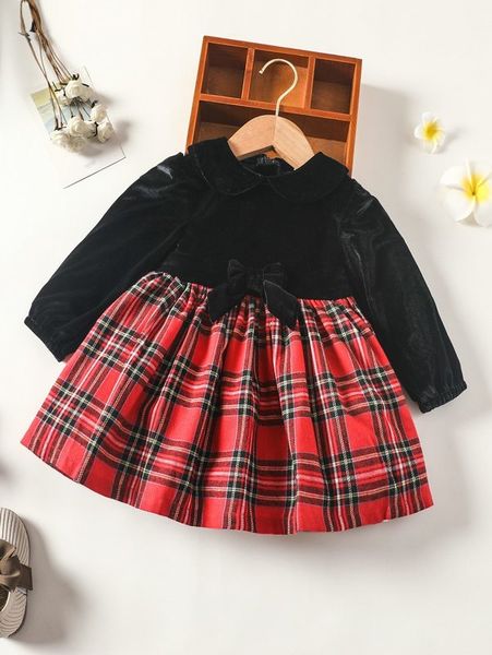 

baby velvet plaid-hem bow dress she, Red;yellow