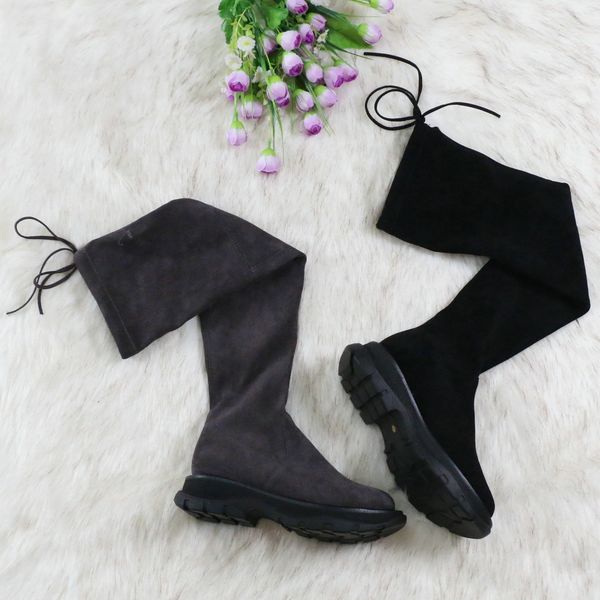 

2021 new over the knee winter round toe lace up keep warm women shoes square heel flock stretch long boots size 34-39 m6rh, Black