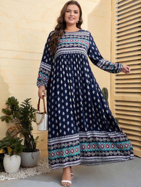 

plus geo & floral print lantern sleeve dress j6li#, Black