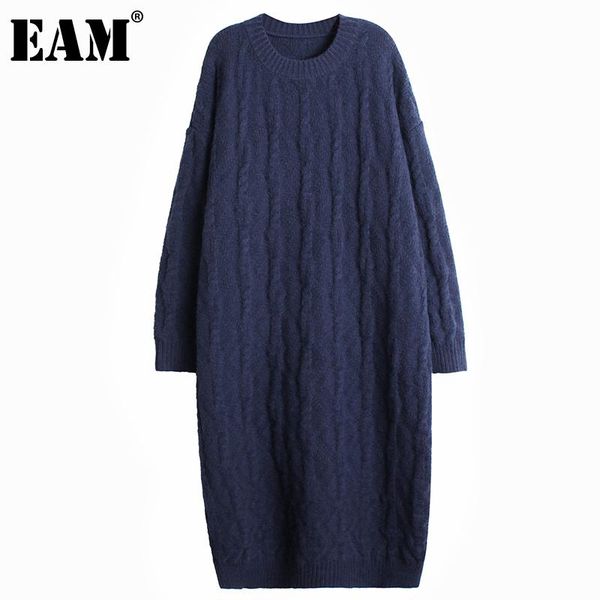 

eam] women navy big size blue knitting dress new round neck long sleeve loose fit fashion tide autumn winter 2021 1dd2128, Black;gray