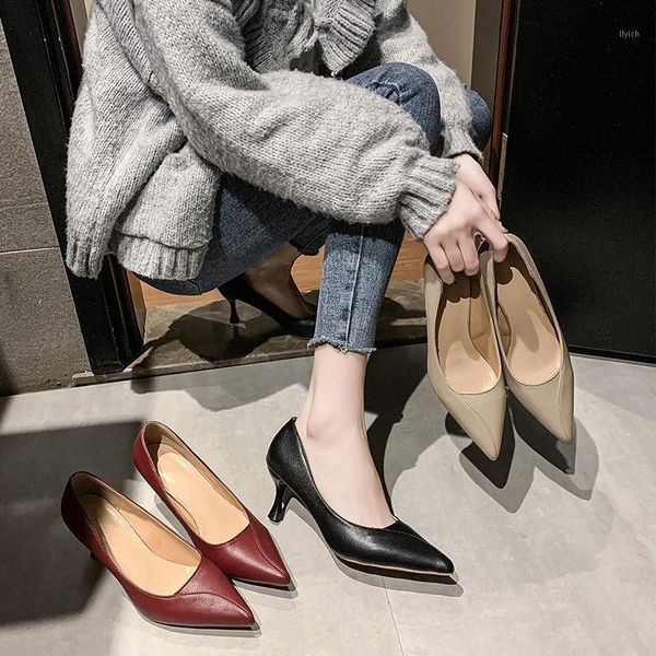 

dress shoes 2021 zapatos de mujer shallow pointed toe thin heels solid slip-on wedding party high pu womens shoes1, Black