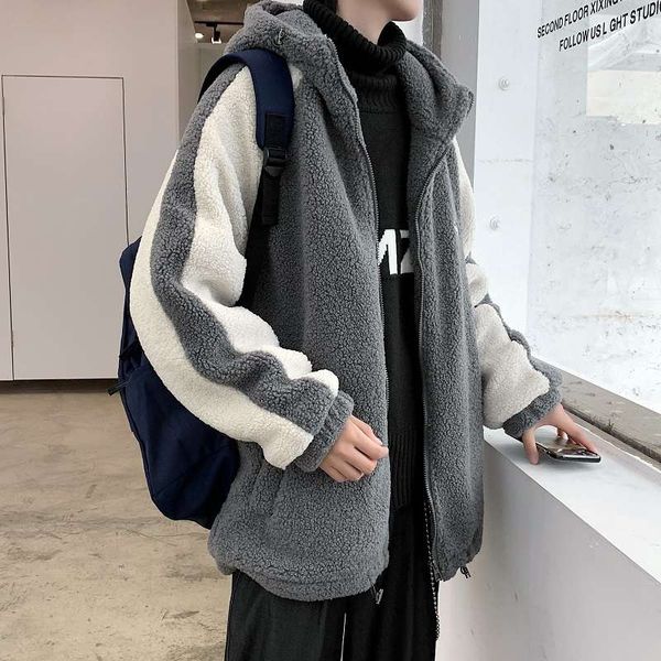 

lambs hooded sweater men's autumn and winter loose trend thickened warm fleece jacket, Black