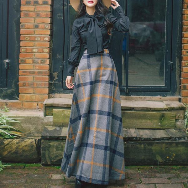 

two piece sets autumn and winter women's retro temperament dress long-sleeved shirt wool plaid half-length dress two-piece, Gray