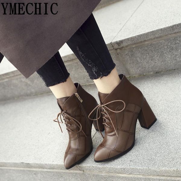

ymechic 2020 winter womens ankle boots pointed toe lace up high heels combat boots for women booties motorcycle plus size1, Black