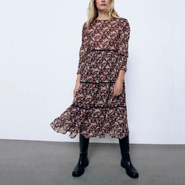 

spring and summer women's casual flower print round neck long sleeve pleated dress vestidos, Black;gray