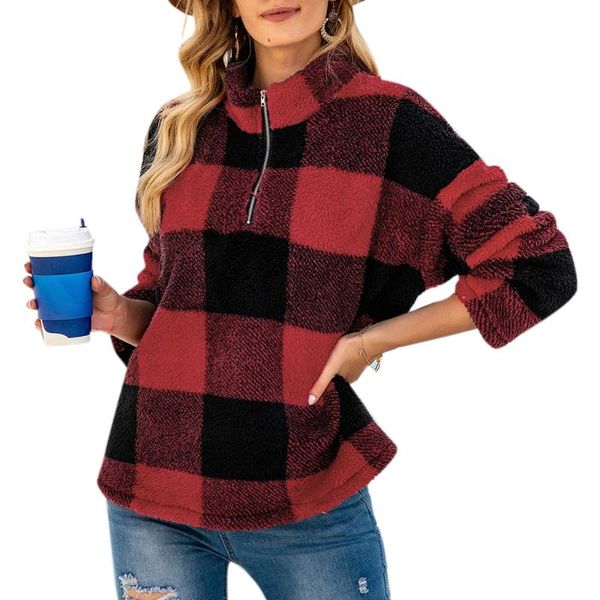 

sweatshirt women plaid pullovers autumn clothing female long sleeve zipper stand neck christmas clothes, Black