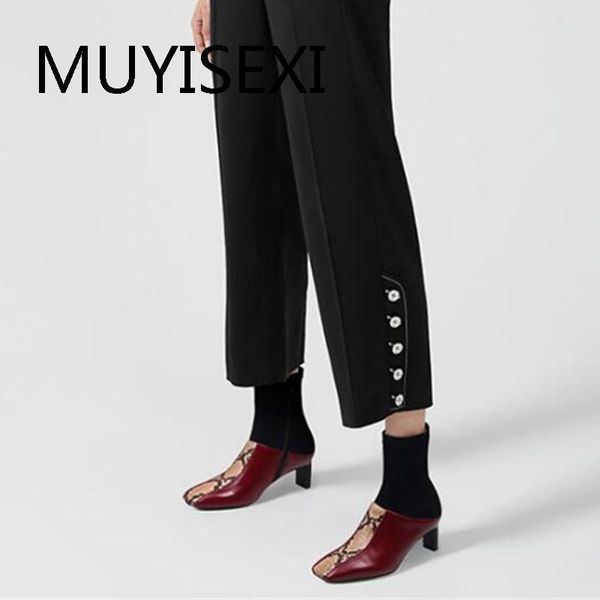 

boots fashion gorgeous square toe side zip 5.5cm high heels mixed colors charming vintage elastic band ankle hl317 muyisexi, Black