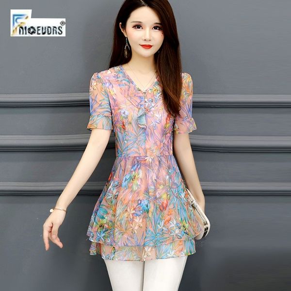 

chiffon blouse shirts women summer flare sleeve cute sweet office lady work floral printed tunic peplum blouse j36 y200622, White