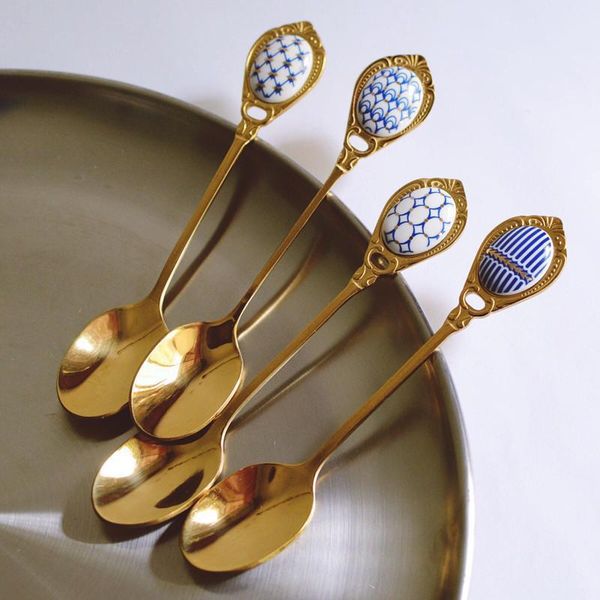 

spoons stainless steel set inlay ceramic handle coffee scoop vintage gold plating dessert spoon high grade cake 4pcs/set