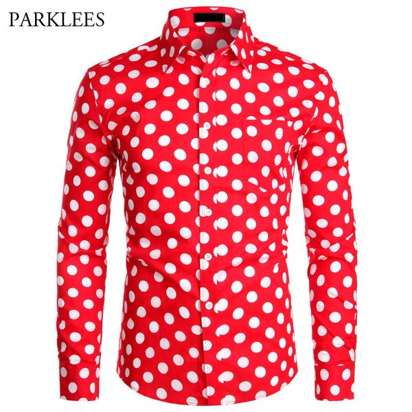 Rot Herren Polka Dot Hemd Casual Button Up Kleid Shirts Männer Chemise Homme Party Club Männlichen Shirts Garden Point Camisas masculina X1218