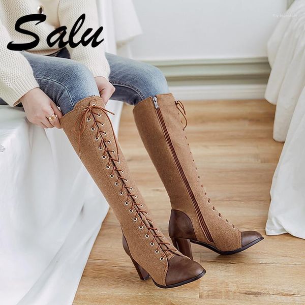 

boots salu high heels women round toe lace-up flock footwear female boot knee shoes 2021 winter plus size 441, Black