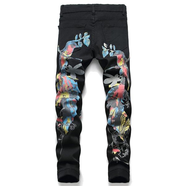 

moruancle men's birds butterfly 3d print jeans fashion slim straight black stretch denim pants, Blue