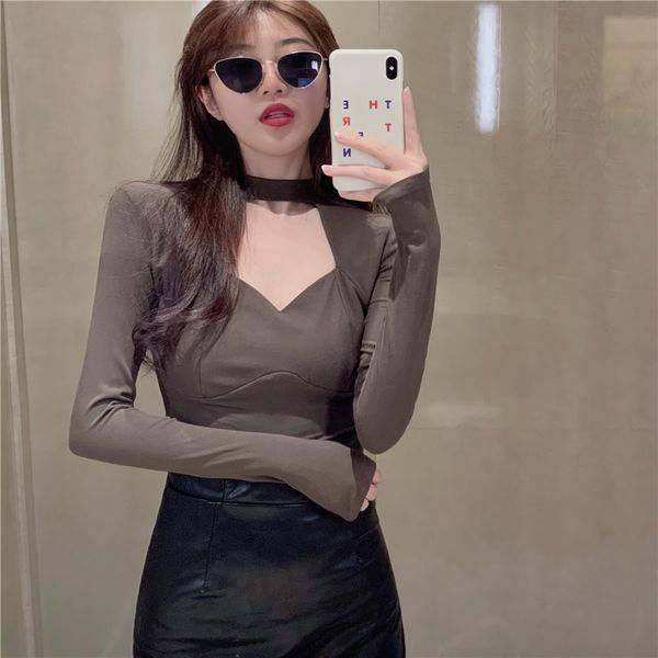 

autumn 2020 new hollow neck hanging long sleeve t-shirt slim and slim, with a bottoming for women's fashion