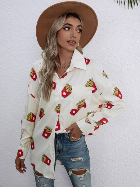 

fries print patched pocket drop shoulder blouse 029a#, White