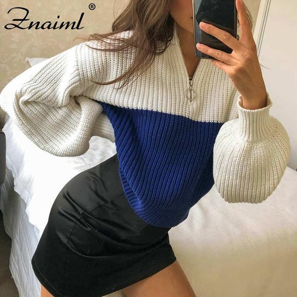 

znaiml autumn women's turtleneck sweater patchwork color loose women with zipper lantern sleeve casual ladies sweater female, White;black