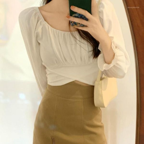 

women's blouses & shirts women square neck puff sleeve crop pleated back bandage blouse shirt1, White
