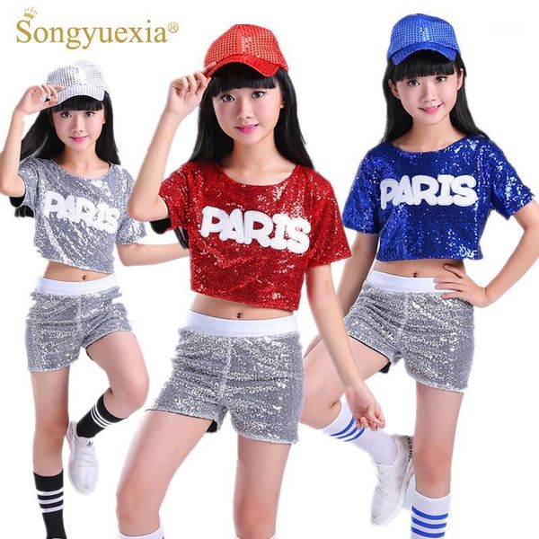 

songyuexia children dance costume suit leakage sequins cheerleading hip hop modern dance costumes boy girl stage dancewear1, Black;red