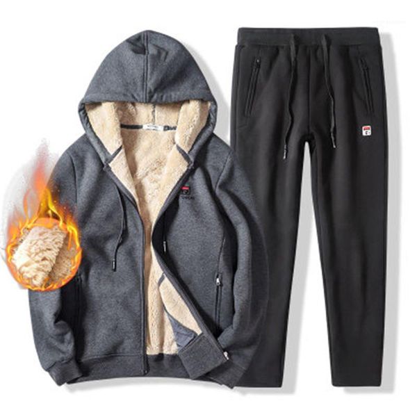 

sets fashion trend fleece long sleeve zipper hooded coats drawstring sports pants suits designer male casual tracksuits man thicken winter, Gray