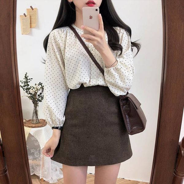 

s xl new dot vintage shirt female oversize women long sleeve girls blouse plus size autumn women blouses femme blusas, White