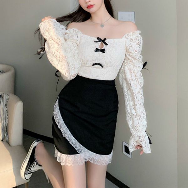 

2021 new lolita two piece spring designer lace +mini skirts patchwork slim hollow out korean kawaii skirt women smxi, Black;white