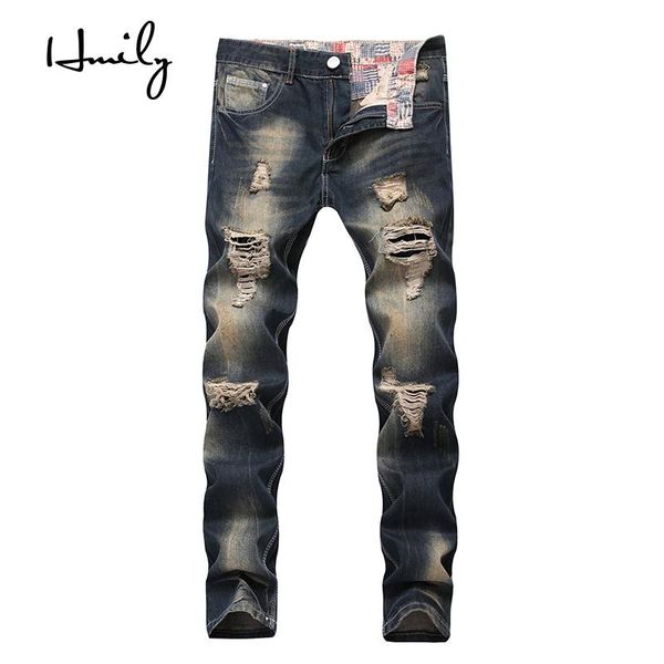 

hmily new mens jeans ripped torn jeans trousers slim men skinny pants for men clothes elastic stretch hip hop streetwear, Blue