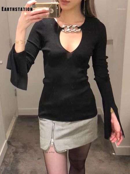 

v-neck metal chain decoration flared sleeves split elastic stretch tight knit pullover ladies autumn new wild1, White;black