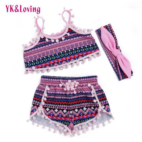

clothing sets summer baby girls set kids flower shirt + short headband children 1-4 years national style clothes suits1, White
