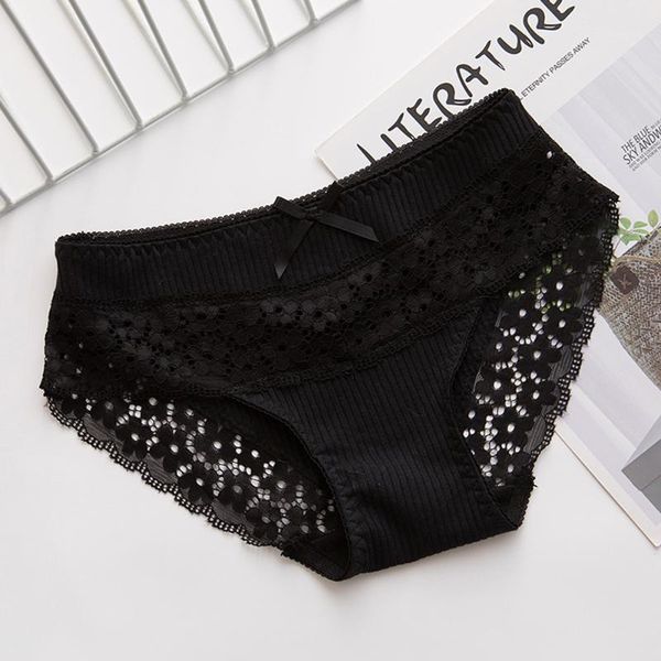 

summer new underwear women mid-waist lace simple pure color japanese ladies briefs1, Black;pink