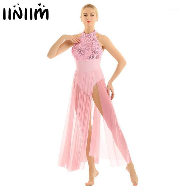 

iiniim womens lyrical dance costumes sequined mesh maxi ballet dance dress stage performance dress with built-in leotard1, Black;red
