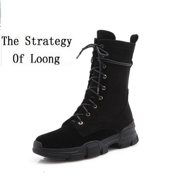 

boots spring autumn winter genuine leather mid-calf cross-tied women motorcycle lace-up sewing metal ladies shoes 20210812, Black