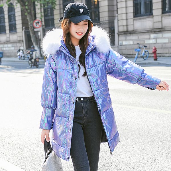 

2021 new women jacket coats hooded thick warm long parkas glossy down cotton parka female big fur collar shiny cold outwear rpnd, Black