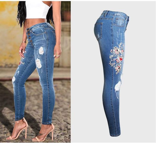 

women's jeans women embroidery flower ripped hole push up hip pencil lift skinny stretch jean trousers slim fit distressed denim pants, Blue