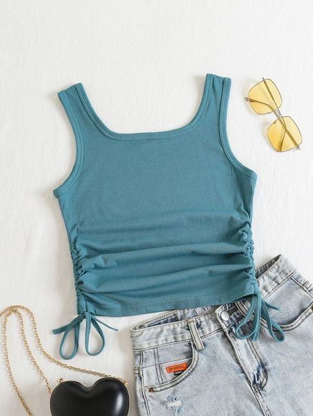 

plain drawstring shirred tank 91lk#, White
