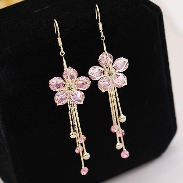 

dangle & chandelier korea fashion pink crystal flower earrings for lady gold-plated long petal dangler women luxury earring brand design jew, Silver