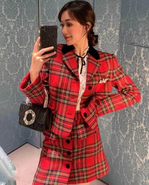 

vyj6a miumiumiu autumn same winter skirtshort coat skirt suit flower plaid skirt women's plaid rhinestone red wool short coat uqggb, Gray