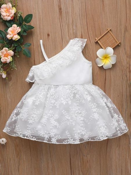 

baby floral embroidery ruffle trim asymmetric neck mesh dress she, Red;yellow