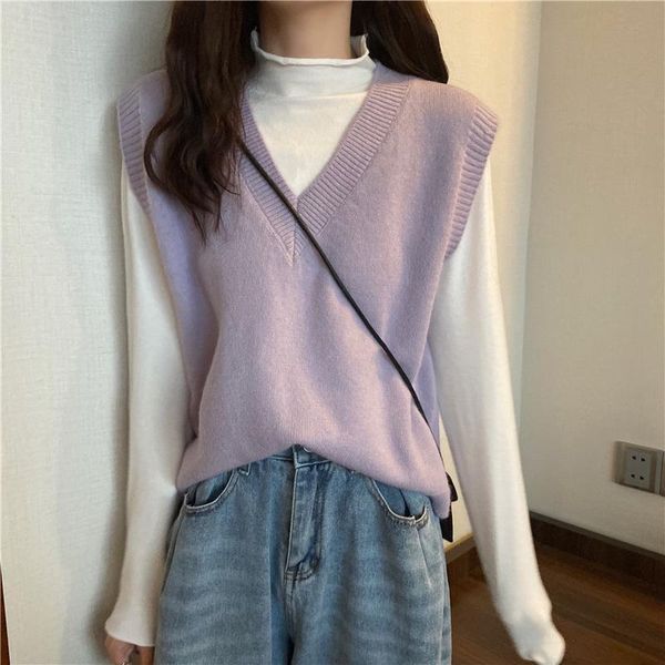 

women's vests autumn korean fahion sleeveless midi sweater vest women v-neck loose knitted solid tank pullover outwear, Black;white