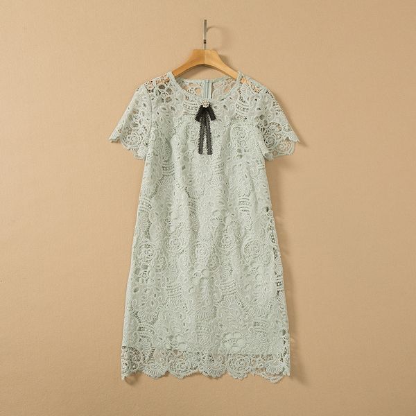 

european and american women's wear spring 2022 new short sleeve hollow water soluble flower fashion bow dress 2xl, Black;gray