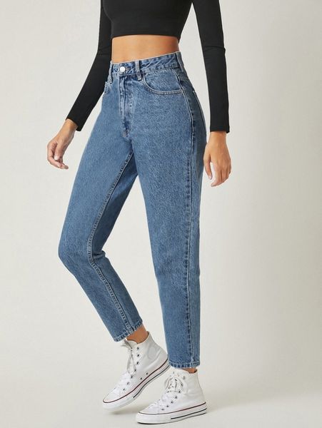 

high waisted mom fit jeans h629#, Blue