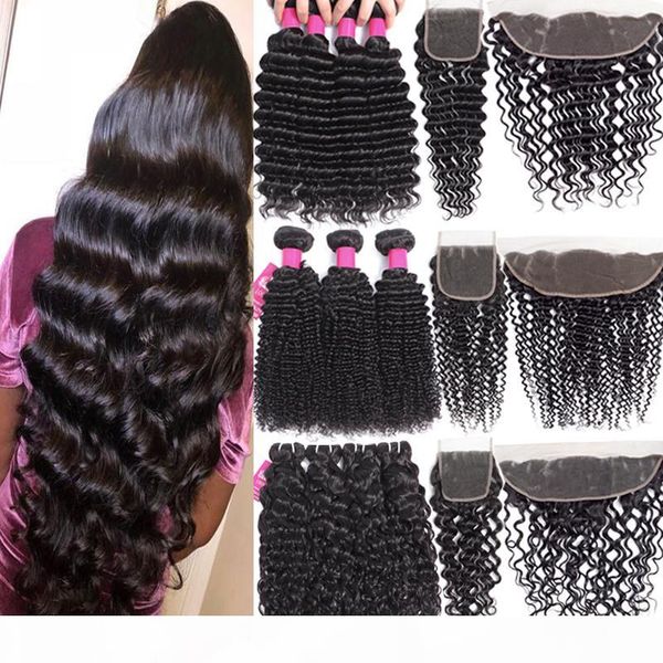 

9a mongolian deep wave bundles with closure 4x4 lace closure or 13x4 ear to ear lace frontal virgin human hair weave with lace closure, Black