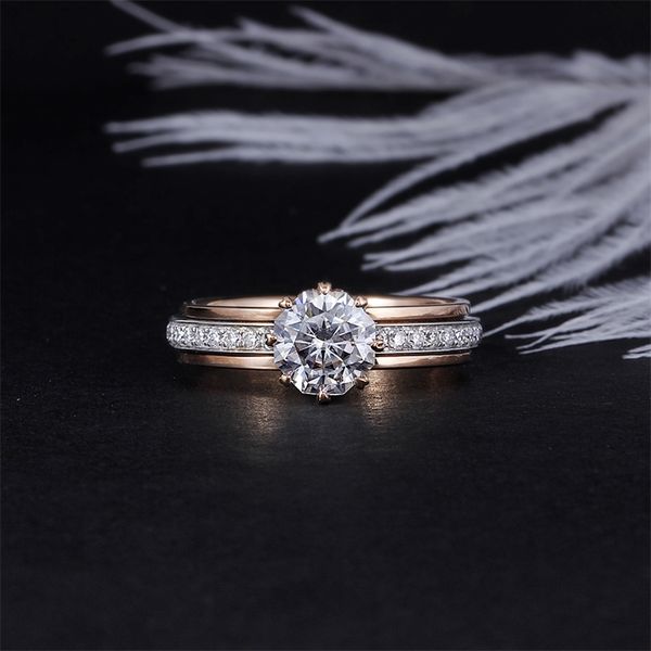 

transgems 18k two tones white and rose gold moissanite engagement ring for women 6.5mm unique octagonal cut rotatable design y200620, Slivery;golden