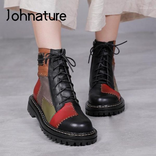 

boots johnature ankle women genuine leather 2021 winter shoes mixed colors round toe zip flat with platform boots1, Black
