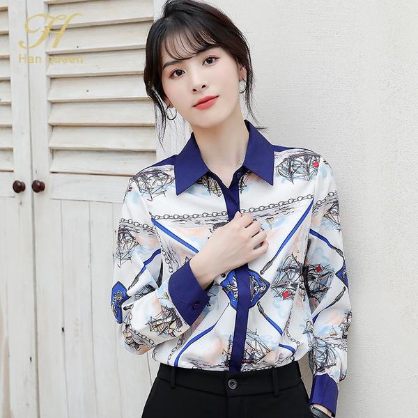 

women's blouses & shirts h han queen retro print 2021 autumn shirt turn-down collar women blouse female workwear casual, White