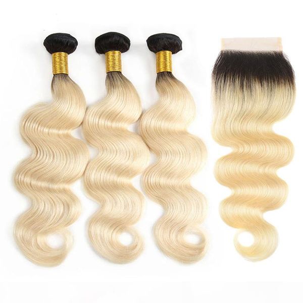 

1b 613 blonde bundles with closure body wave ombre blonde two tone color brazilian human hair bundles with 4*4 part lace closure, Black;brown