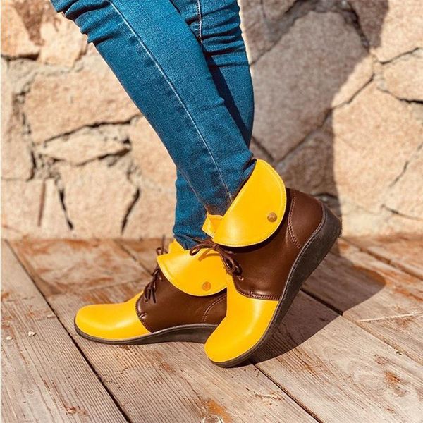 

women's turned-over edge ankle boots women mix color lace up shoes ladies leather short boots female round toe flat plus size, Black