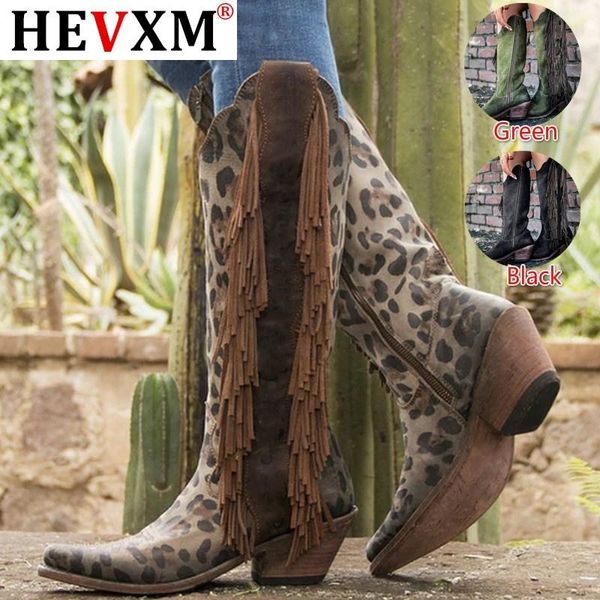 

new women leather boots vintage tassel leopard boots riding tall autumn winter warm pointed toe ladies cowboy, Black