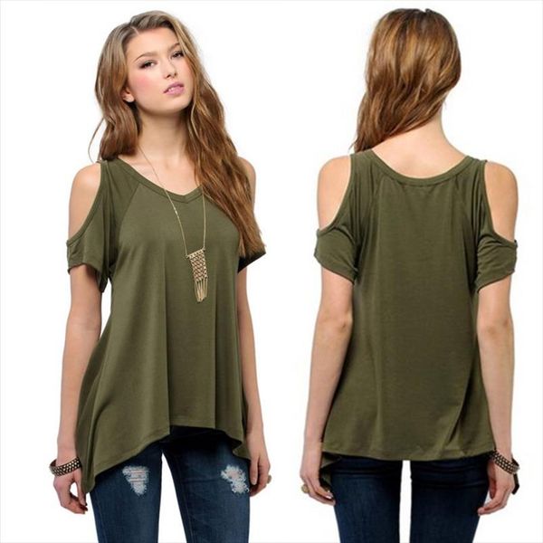 

2021 summer fashion womens cotton off shoulder casual loose short sleeve solid t shirt lady plus size party tee v neck, White