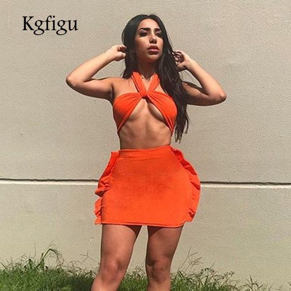 

kgfigu 2 piece set women 2020 new arrivals halter bandage ruffle mini matching tracksuits beachwear festival clothing1, Gray