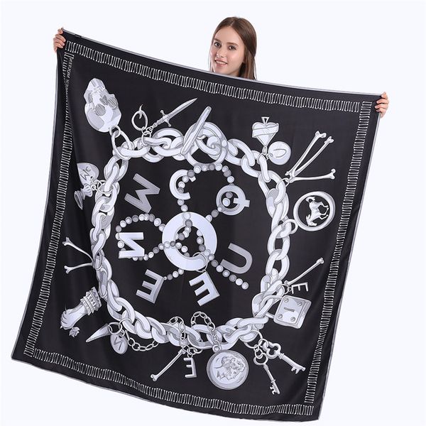 

new twill silk scarf women skull key printing square scarves fashion wrap female foulard large hijab shawl neckerchief 130*130cm, Blue;gray