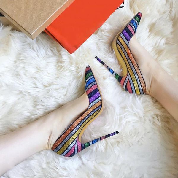 

fashion women pumps stripe rainbow glitter strass pointy toe heels stiletto heel lady bridal wedding shoes1, Black